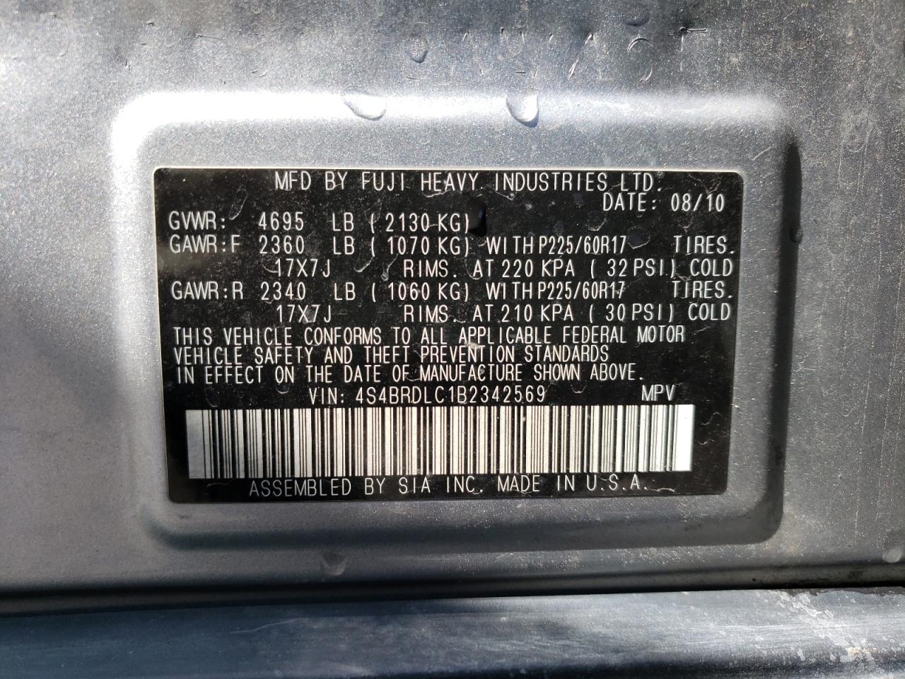 Photo 10 from auction – 2011 SUBARU OUTBACK 3. with VIN 4S4BRDLC1B2342569