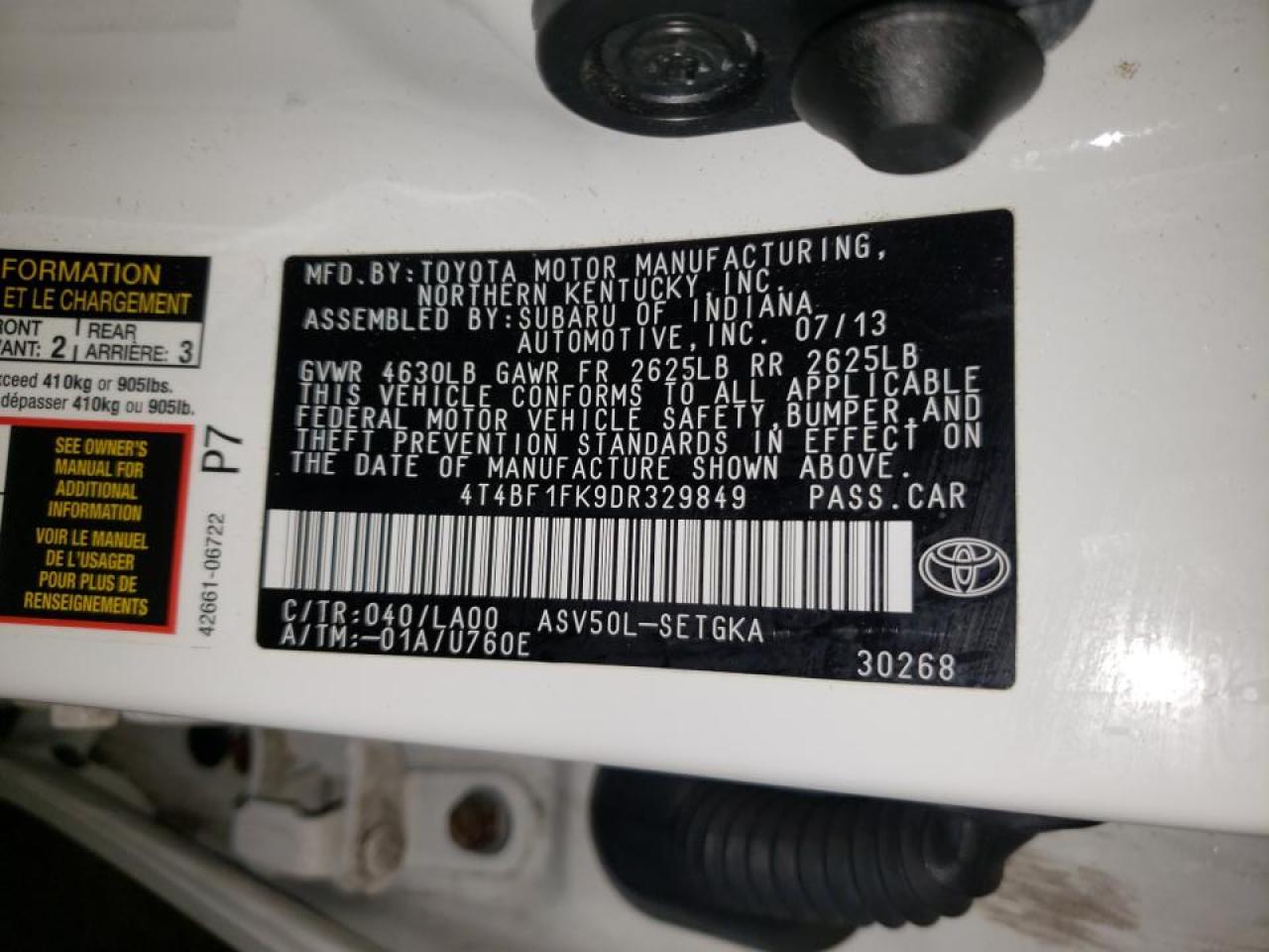 Photo 10 from auction – 2013 TOYOTA CAMRY L with VIN 4T4BF1FK9DR329849