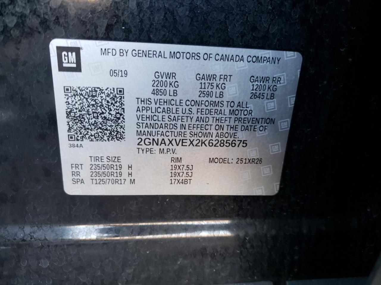 Photo 10 from auction – 2019 CHEVROLET EQUINOX LT with VIN 2GNAXVEX2K6285675