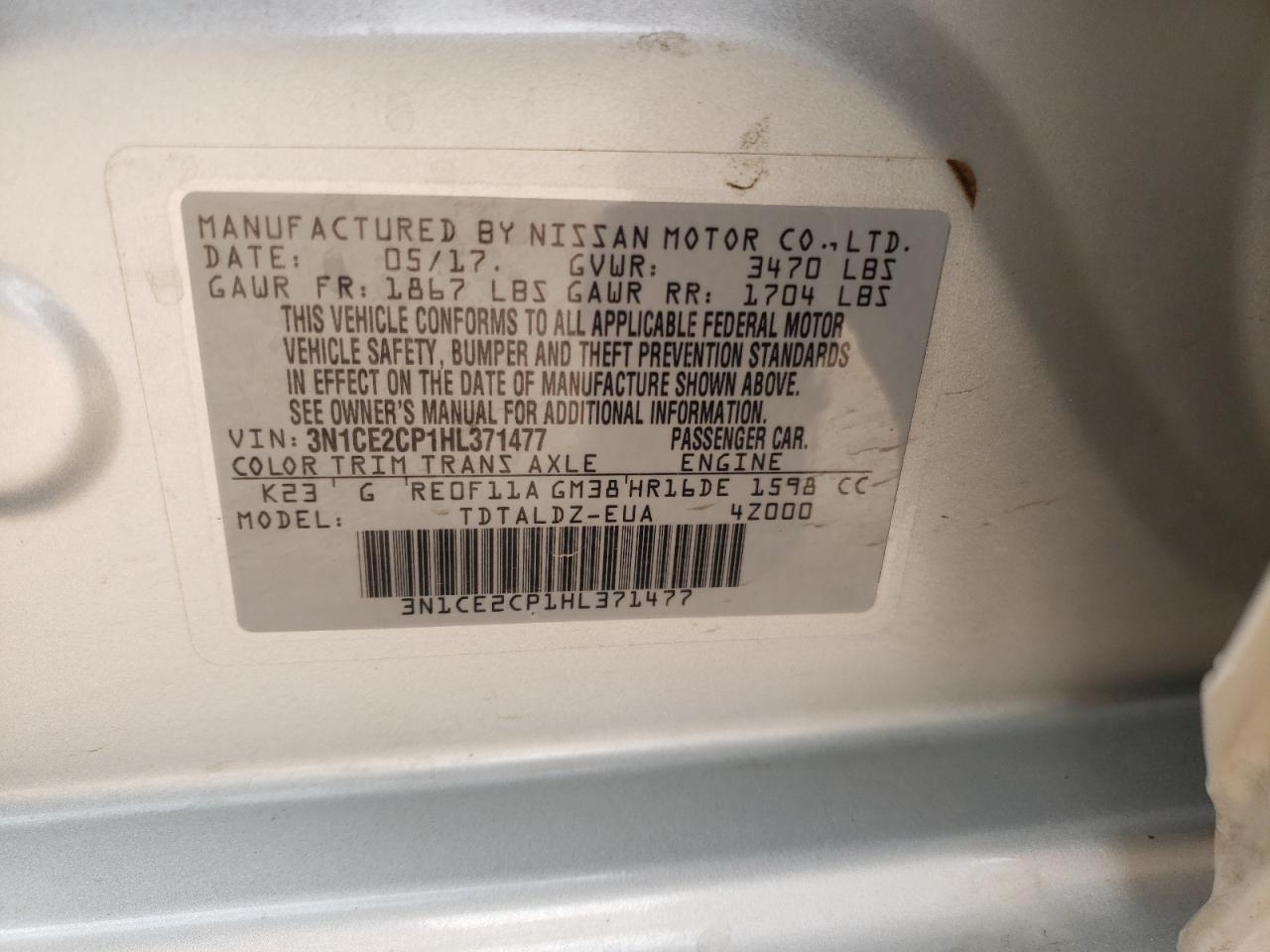 Photo 10 from auction – 2017 NISSAN VERSA NOTE with VIN 3N1CE2CP1HL371477