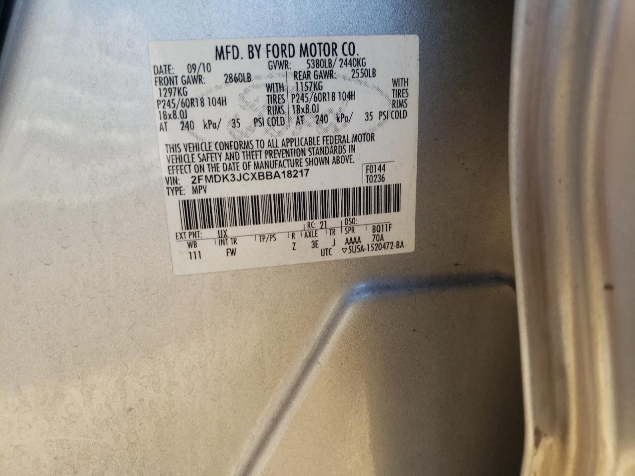 Photo 10 from auction – 2011 FORD EDGE SEL with VIN 2FMDK3JCXBBA18217