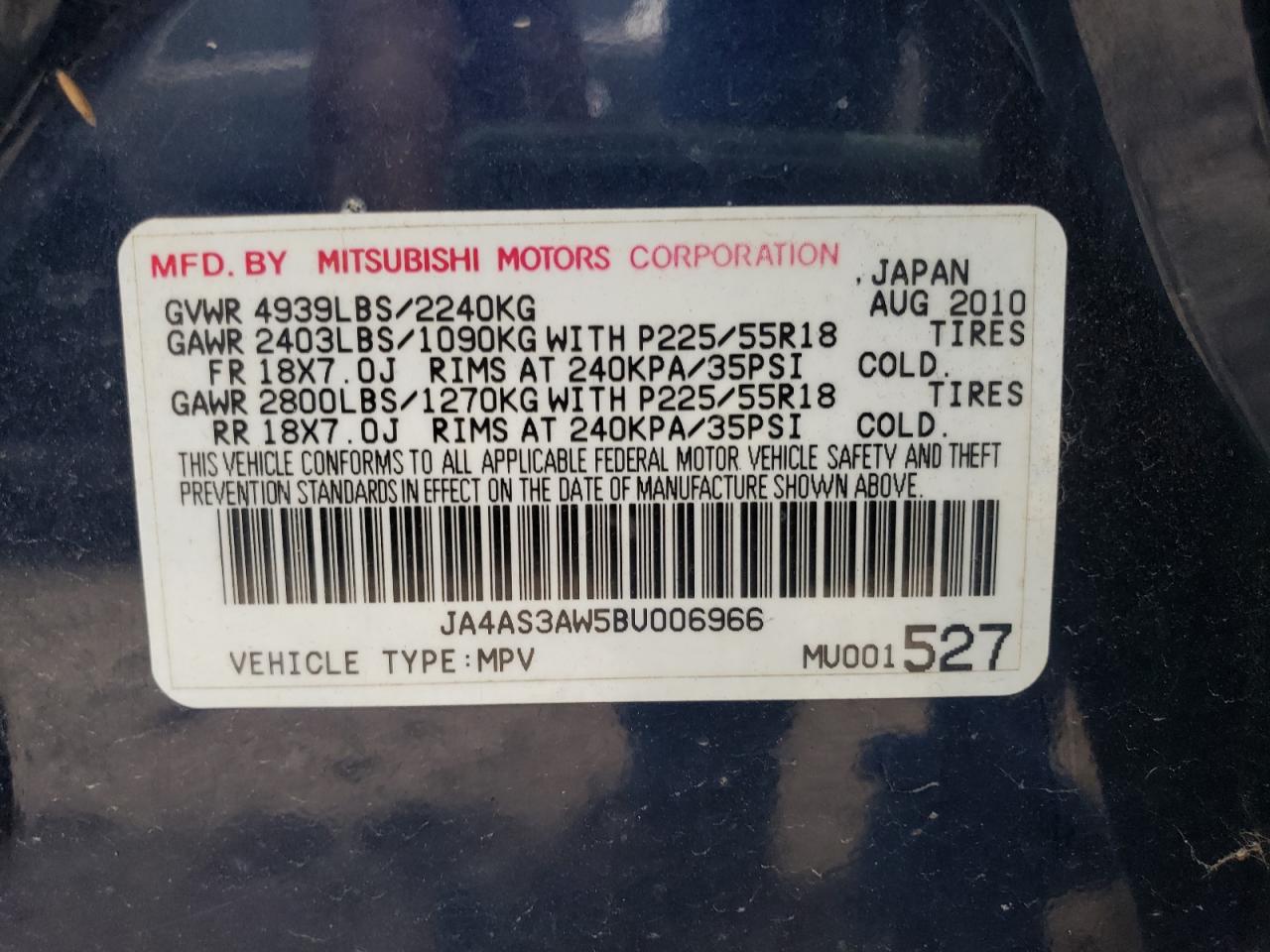Photo 10 from auction – 2011 MITSUBISHI OUTLANDER with VIN JA4AS3AW5BU006966