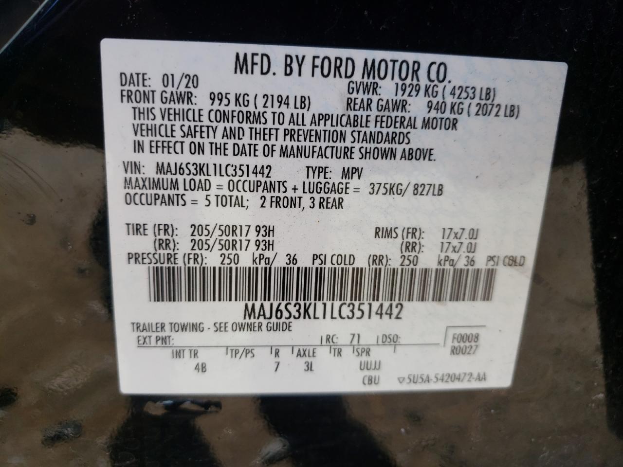 Photo 10 from auction – 2020 FORD ECOSPORT T with VIN MAJ6S3KL1LC351442