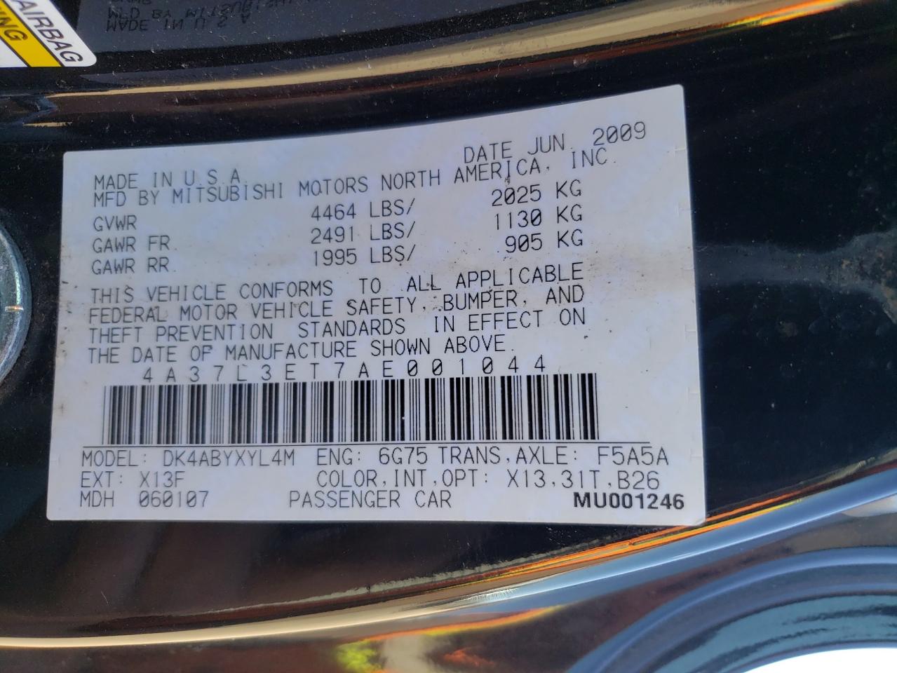 Photo 10 from auction – 2010 MITSUBISHI ECLIPSE SP with VIN 4A37L3ET7AE001044