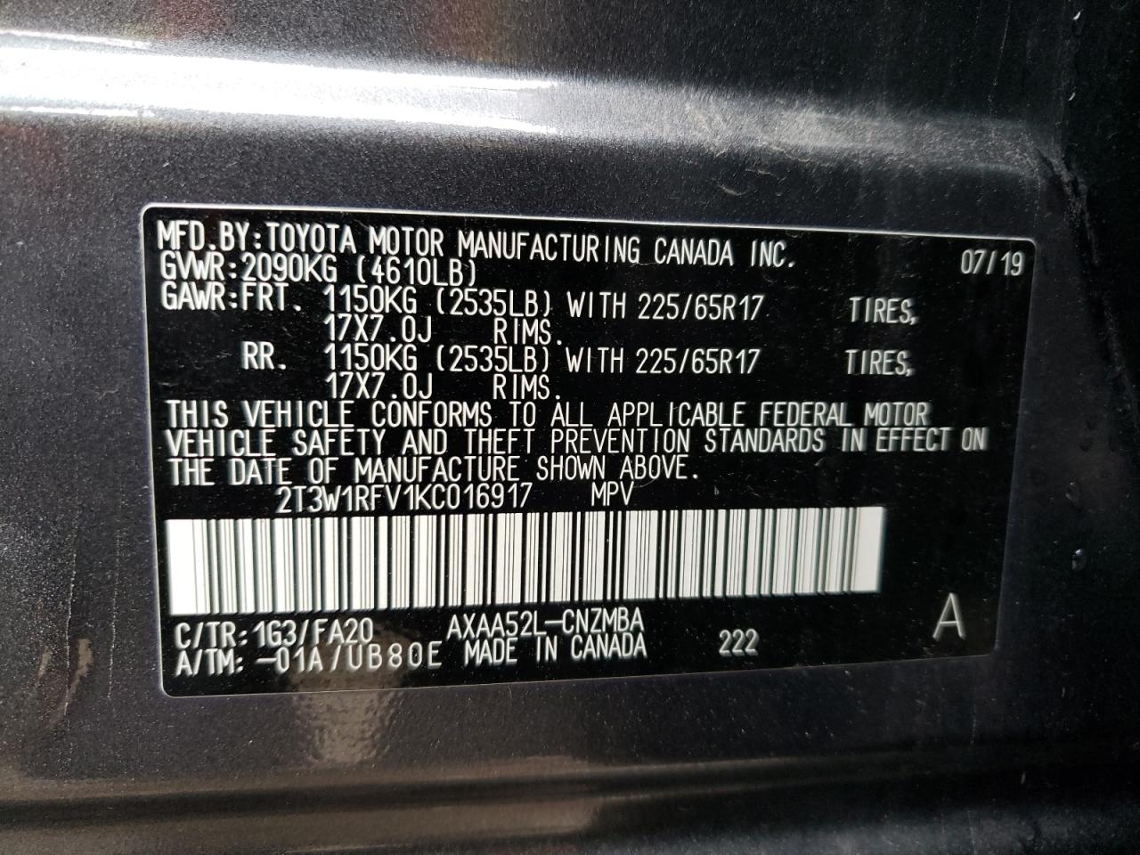Photo 10 from auction – 2019 TOYOTA RAV4 XLE with VIN 2T3W1RFV1KC016917