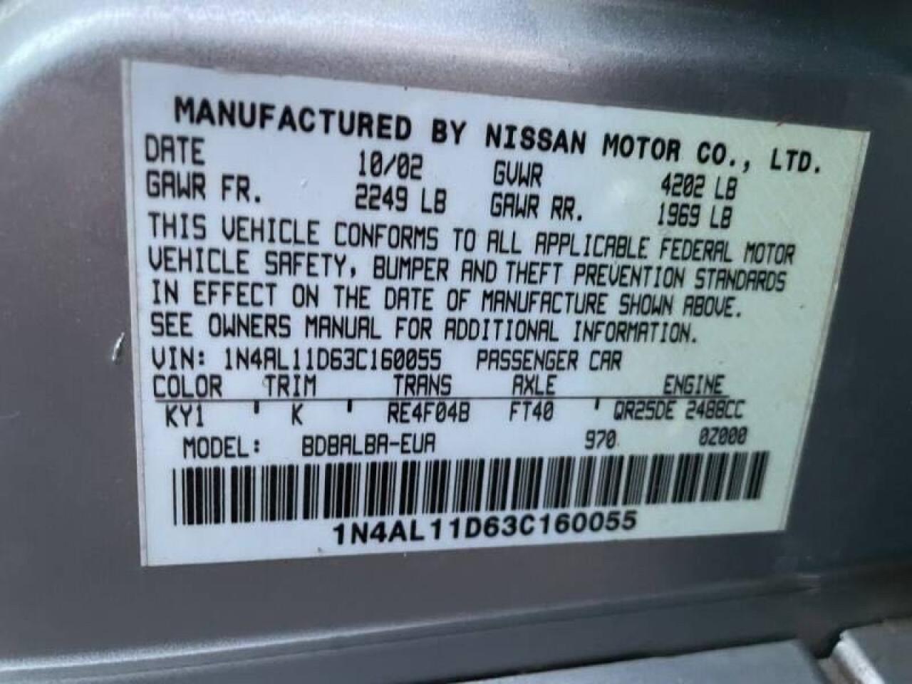 Photo 10 from auction – 2003 NISSAN ALTIMA BAS with VIN 1N4AL11D63C160055
