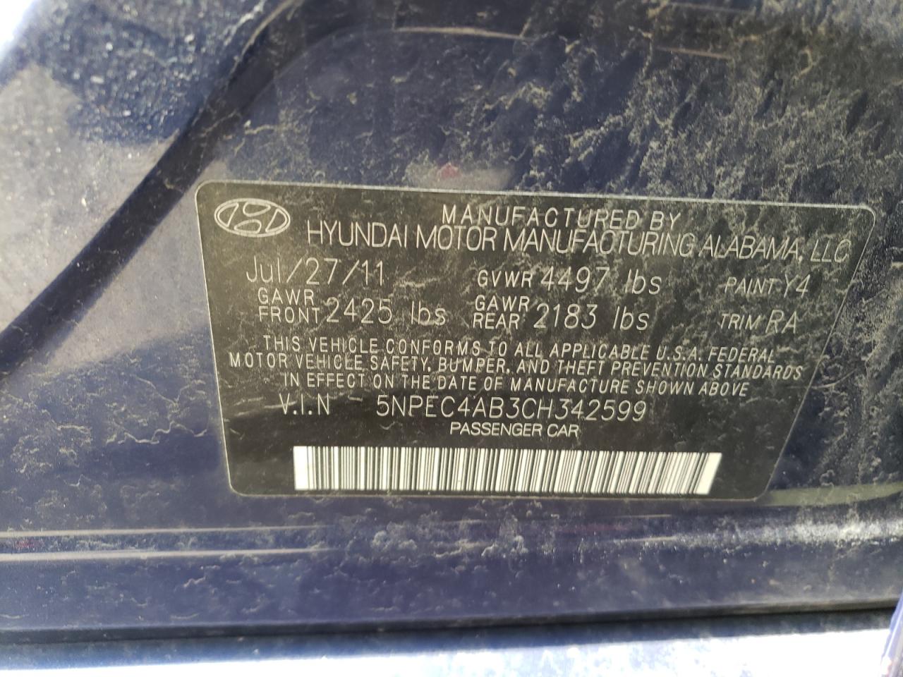 Photo 10 from auction – 2012 HYUNDAI SONATA SE with VIN 5NPEC4AB3CH342599