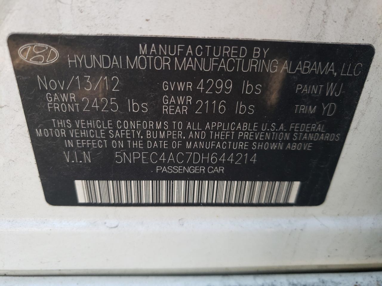 Photo 10 from auction – 2013 HYUNDAI SONATA SE with VIN 5NPEC4AC7DH644214