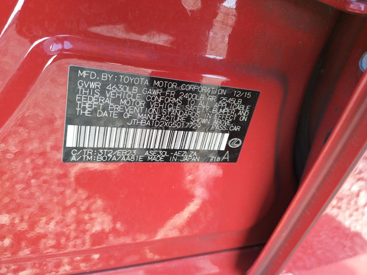 Photo 10 from auction – 2016 LEXUS IS 200T with VIN JTHBA1D2XG5017729