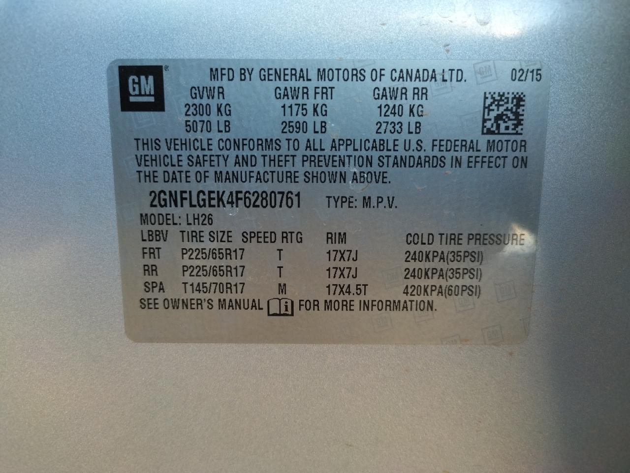 Photo 10 from auction – 2015 CHEVROLET EQUINOX LT with VIN 2GNFLGEK4F6280761