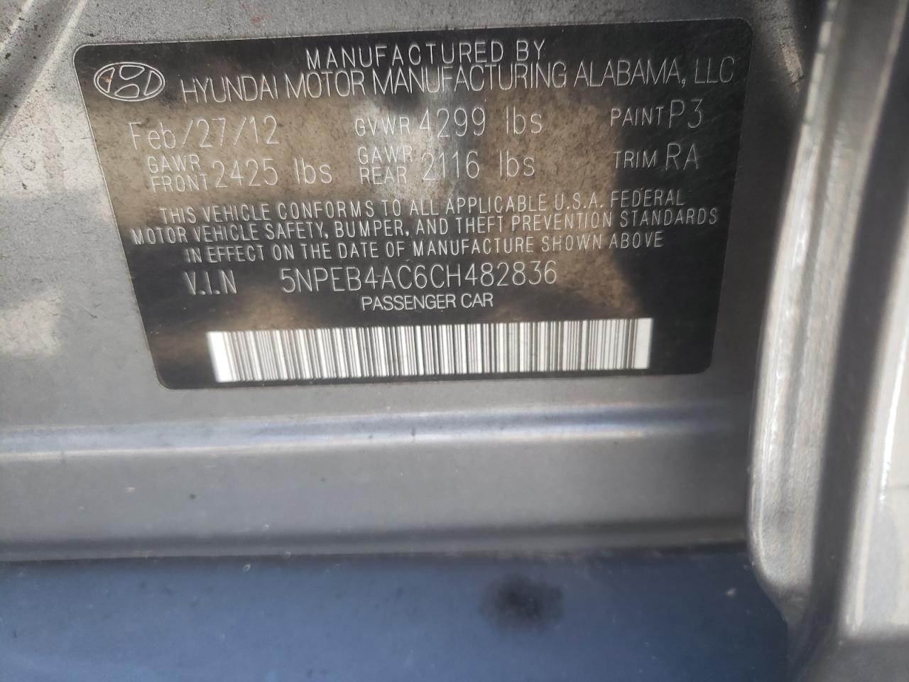 Photo 10 from auction – 2012 HYUNDAI SONATA GLS with VIN 5NPEB4AC6CH482836
