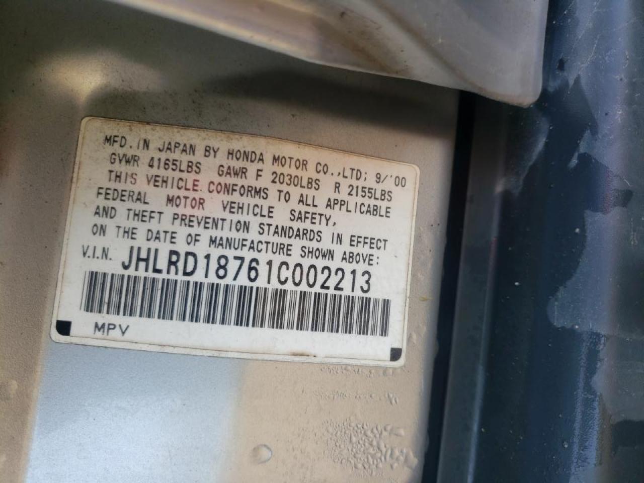 Photo 10 from auction – 2001 HONDA CR-V SE with VIN JHLRD18761C002213