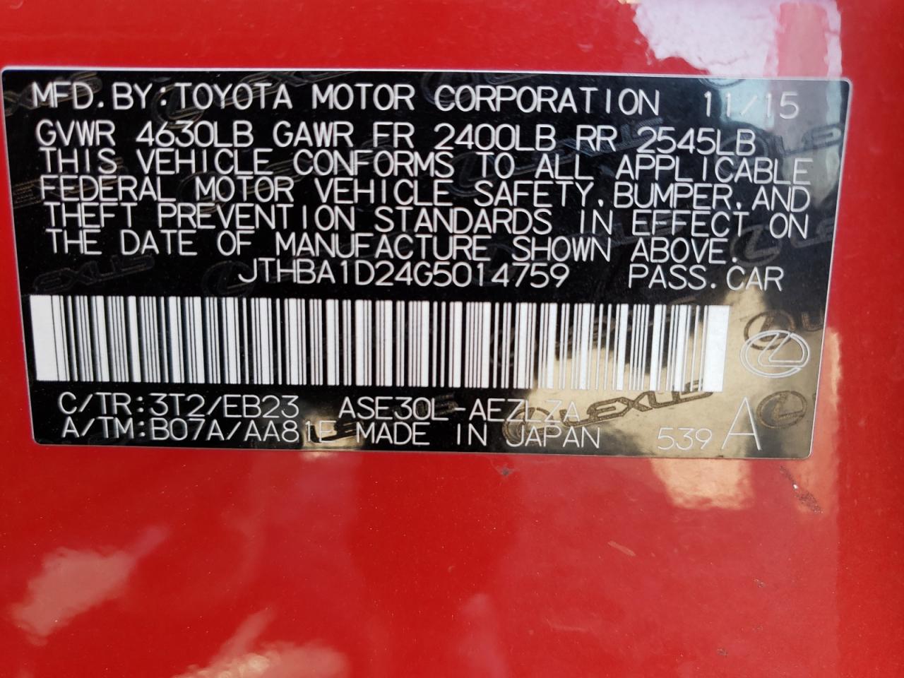 Photo 10 from auction – 2016 LEXUS IS 200T with VIN JTHBA1D24G5014759