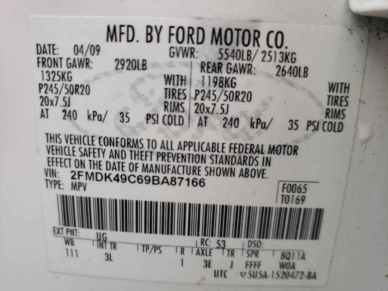 Photo 10 from auction – 2009 FORD EDGE LIMIT with VIN 2FMDK49C69BA87166