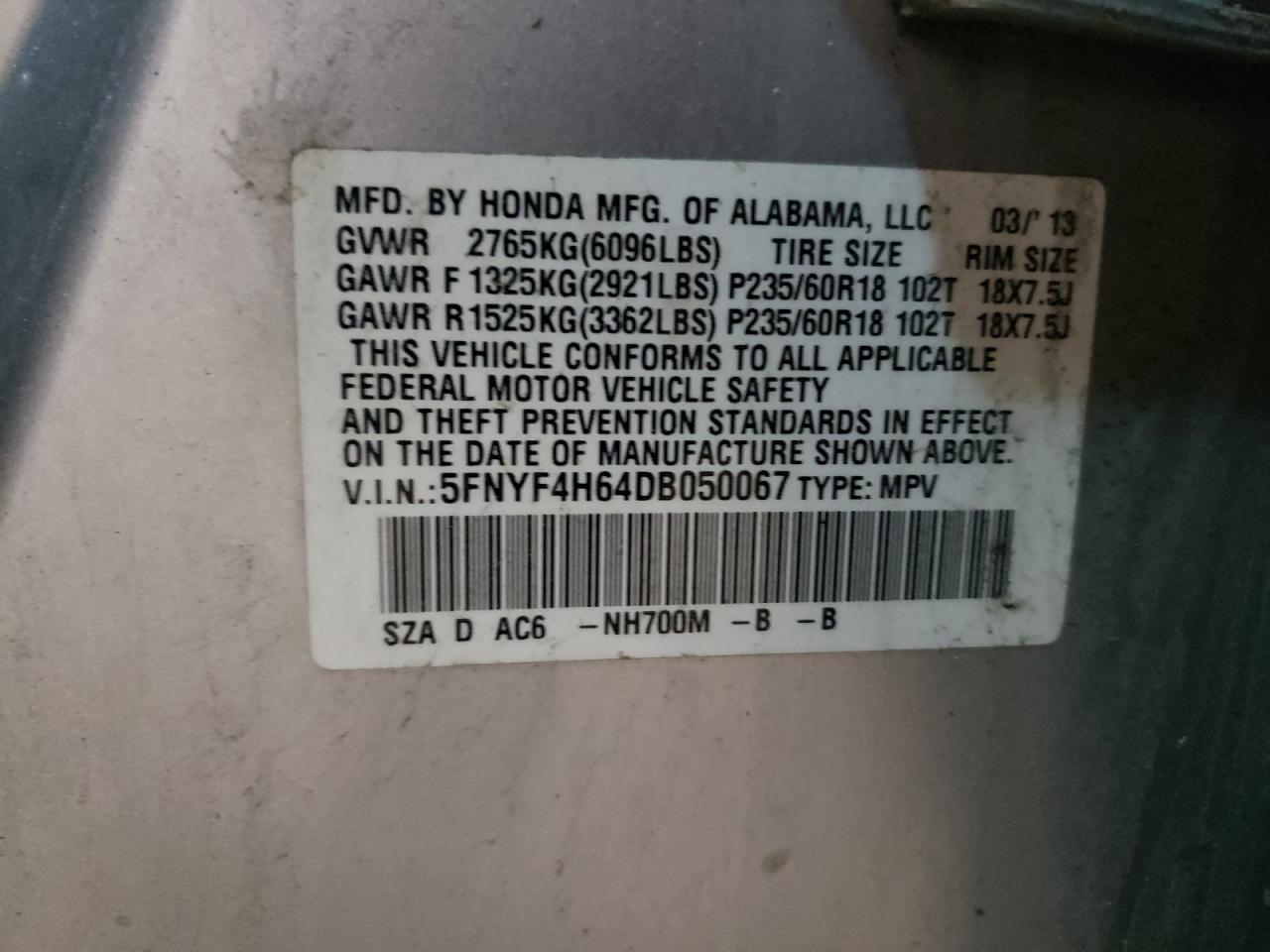 Photo 10 from auction – 2013 HONDA PILOT EXL with VIN 5FNYF4H64DB050067