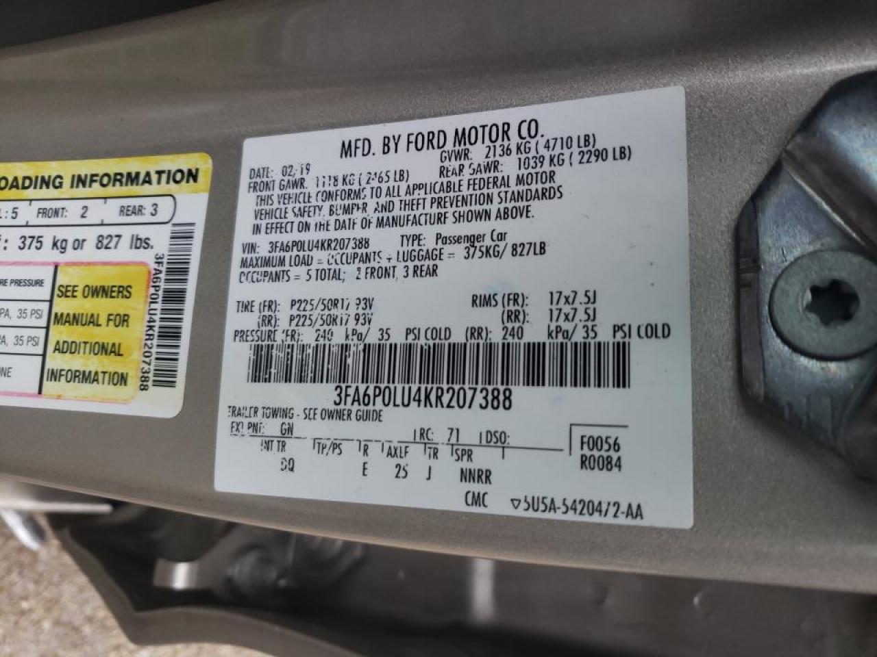 Photo 10 from auction – 2019 FORD FUSION SE with VIN 3FA6P0LU4KR207388
