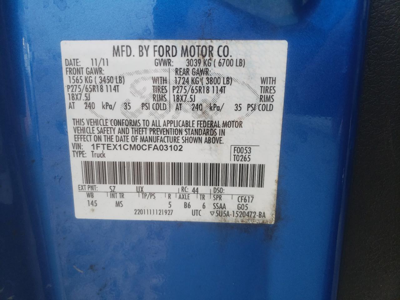 Photo 10 from auction – 2012 FORD F150 SUPER with VIN 1FTEX1CM0CFA03102