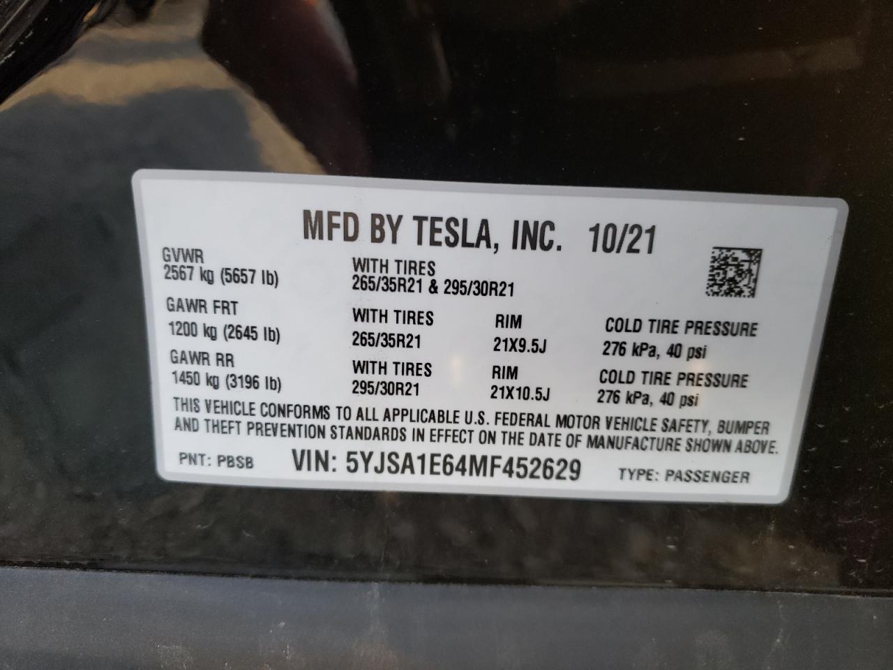 Photo 10 from auction – 2021 TESLA MODEL S with VIN 5YJSA1E64MF452629