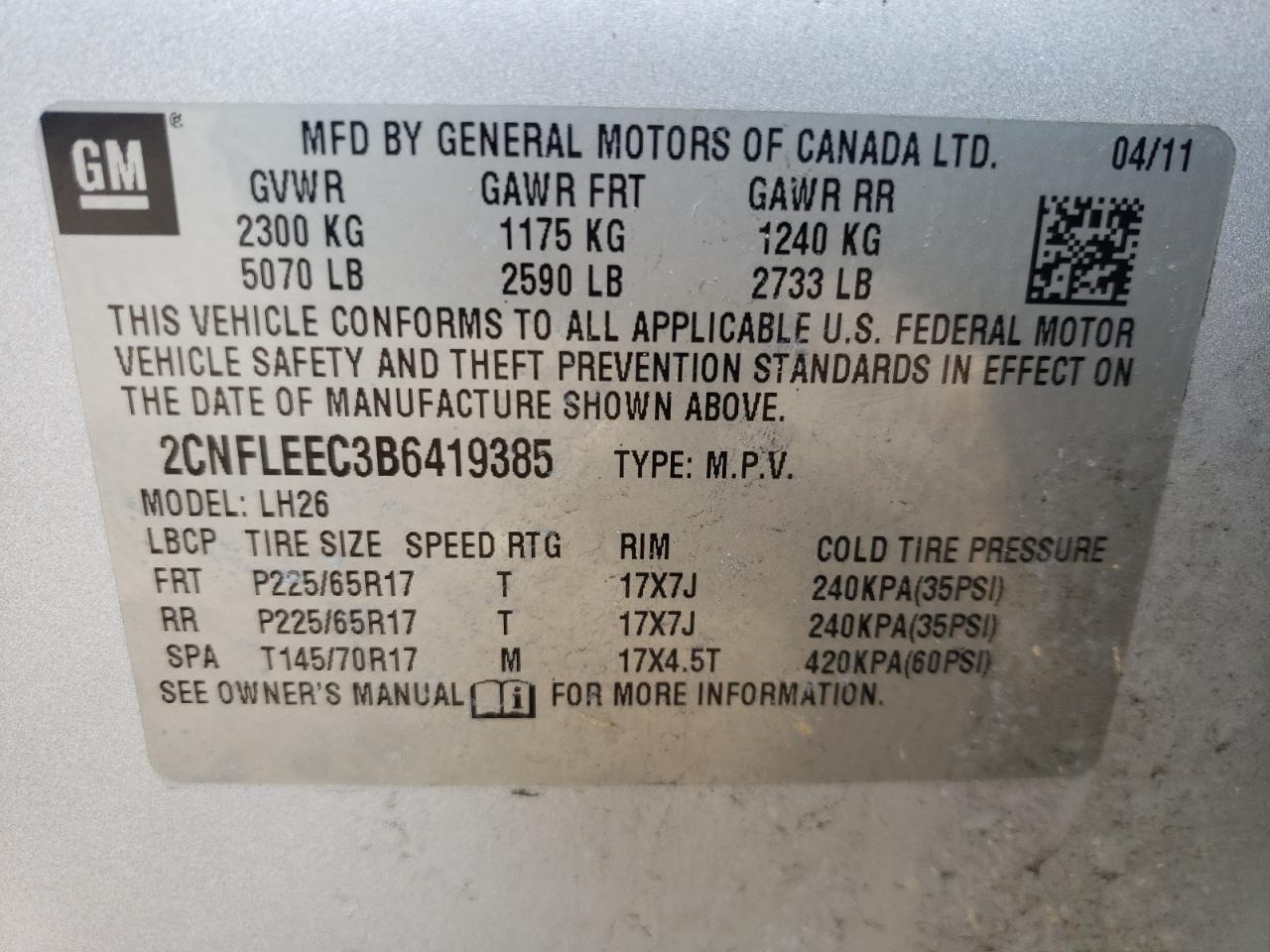 Photo 10 from auction – 2011 CHEVROLET EQUINOX LT with VIN 2CNFLEEC3B6419385