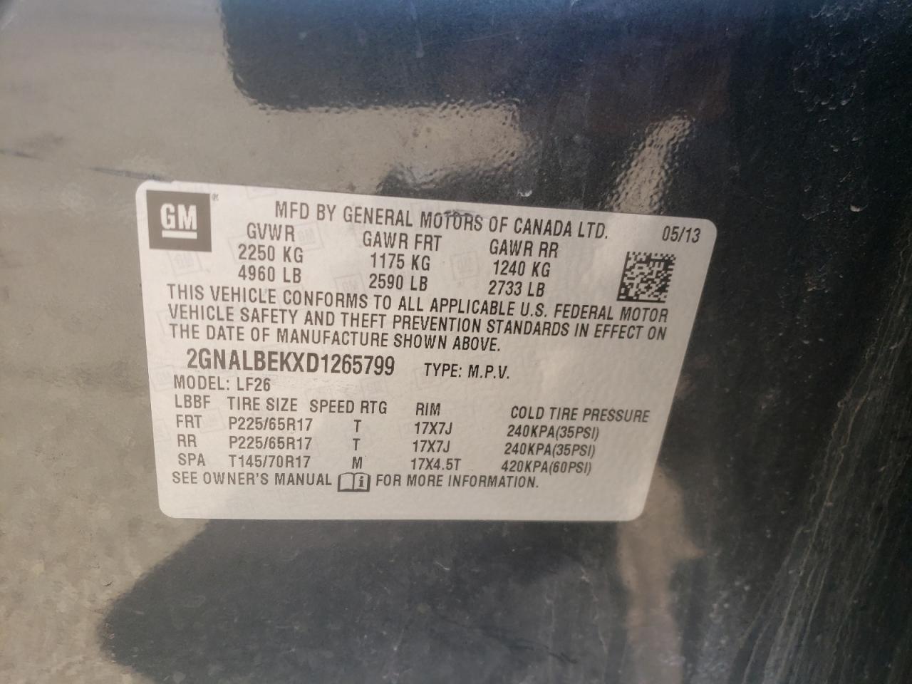 Photo 10 from auction – 2013 CHEVROLET EQUINOX LS with VIN 2GNALBEKXD1265799
