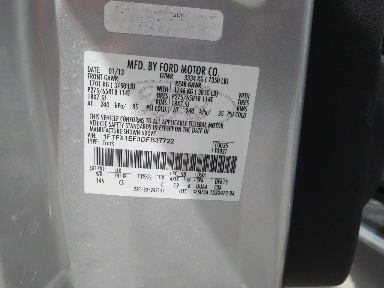 Photo 10 from auction – 2013 FORD F150 SUPER with VIN 1FTFX1EF3DFB37722