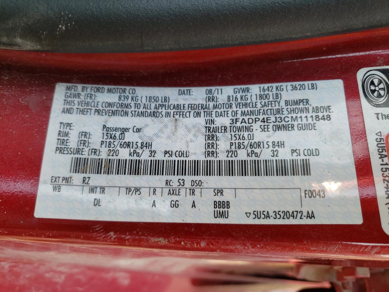 Photo 10 from auction – 2012 FORD FIESTA SE with VIN 3FADP4EJ3CM111848