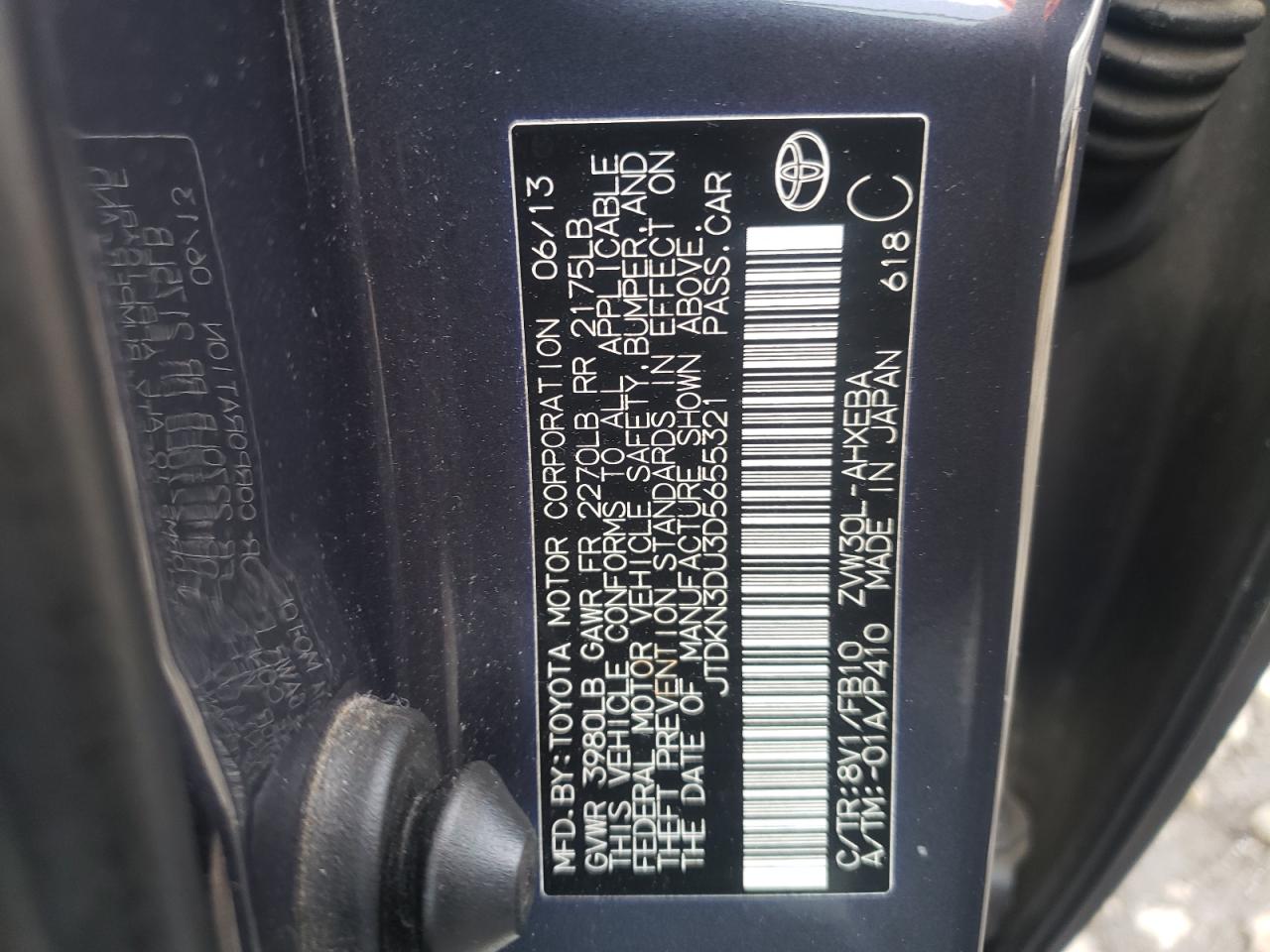Photo 10 from auction – 2013 TOYOTA PRIUS with VIN JTDKN3DU3D5655321