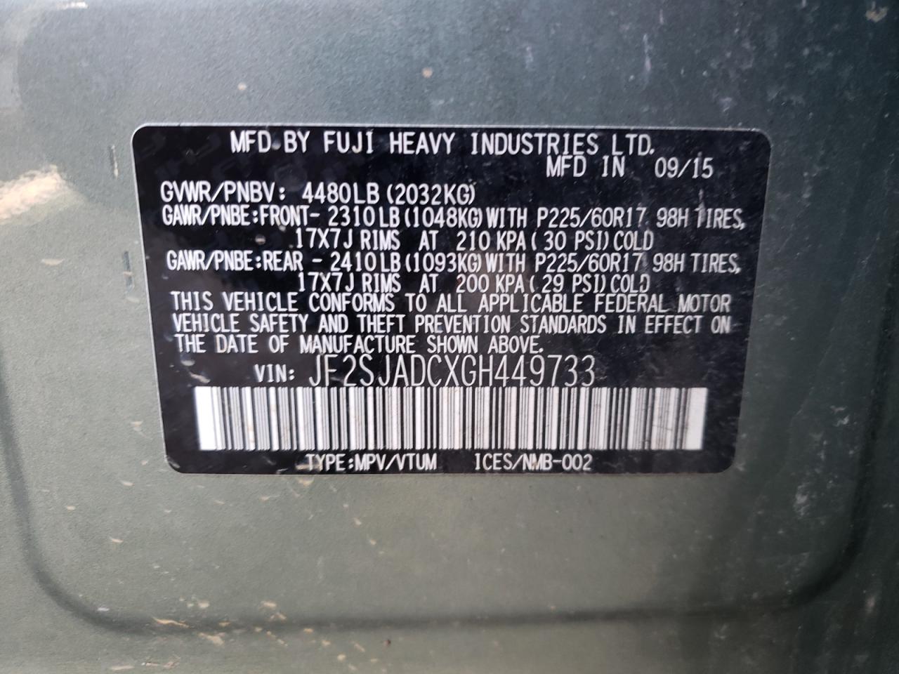 Photo 10 from auction – 2016 SUBARU FORESTER 2 with VIN JF2SJADCXGH449733