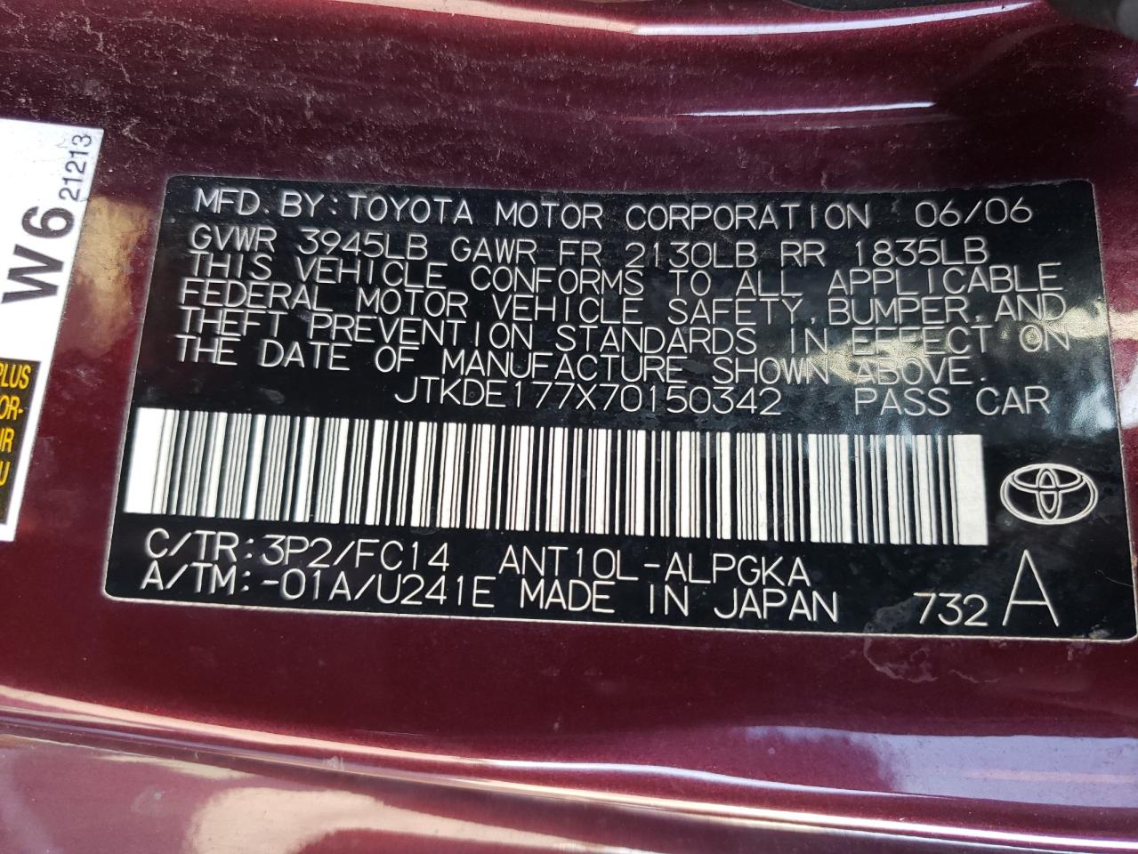 Photo 10 from auction – 2007 TOYOTA SCION TC with VIN JTKDE177X70150342