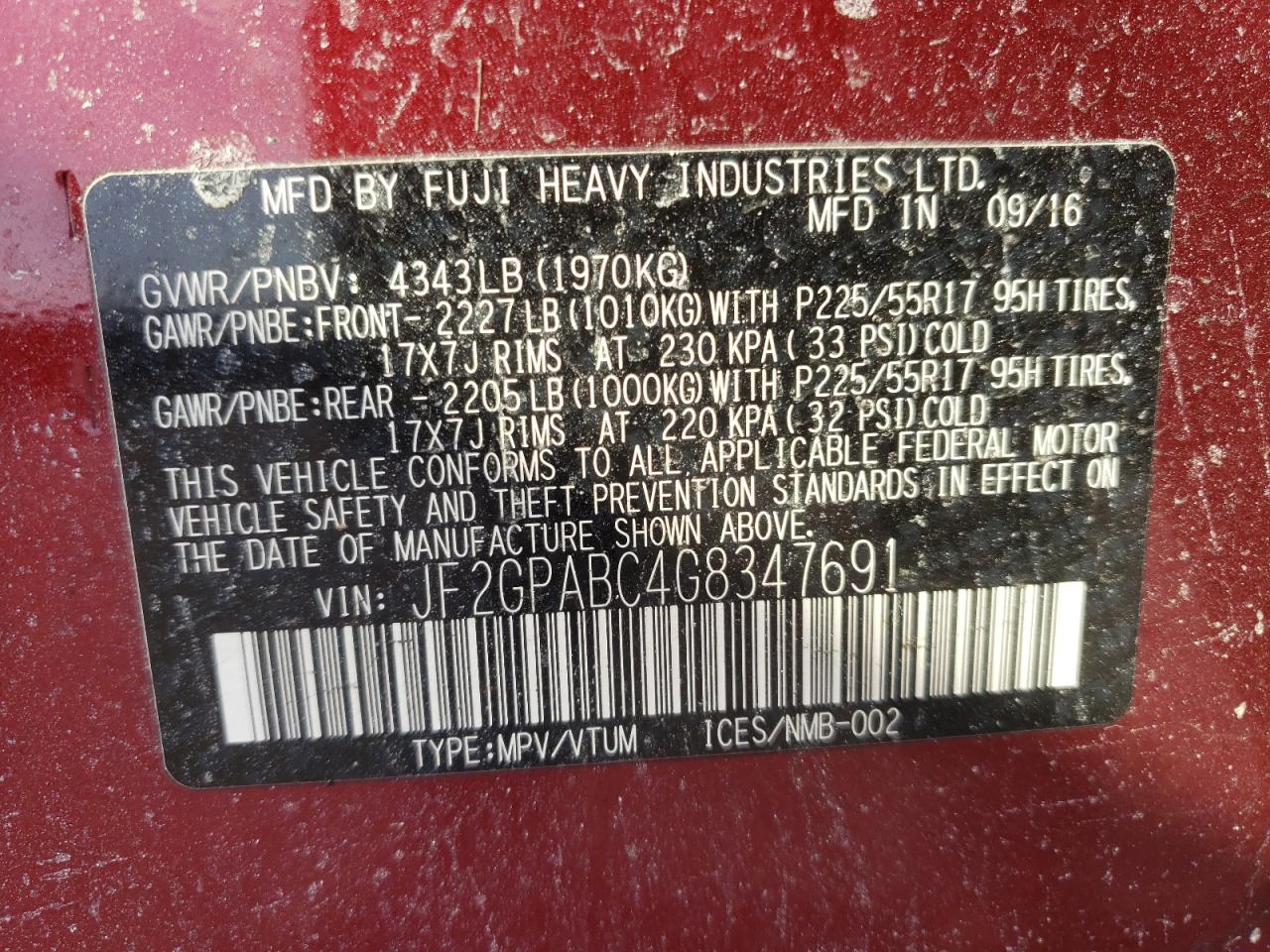 Photo 10 from auction – 2016 SUBARU CROSSTREK with VIN JF2GPABC4G8347691