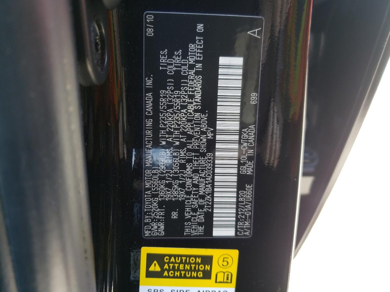 Photo 10 from auction – 2010 LEXUS RX 350 with VIN 2T2ZK1BA1AC039339