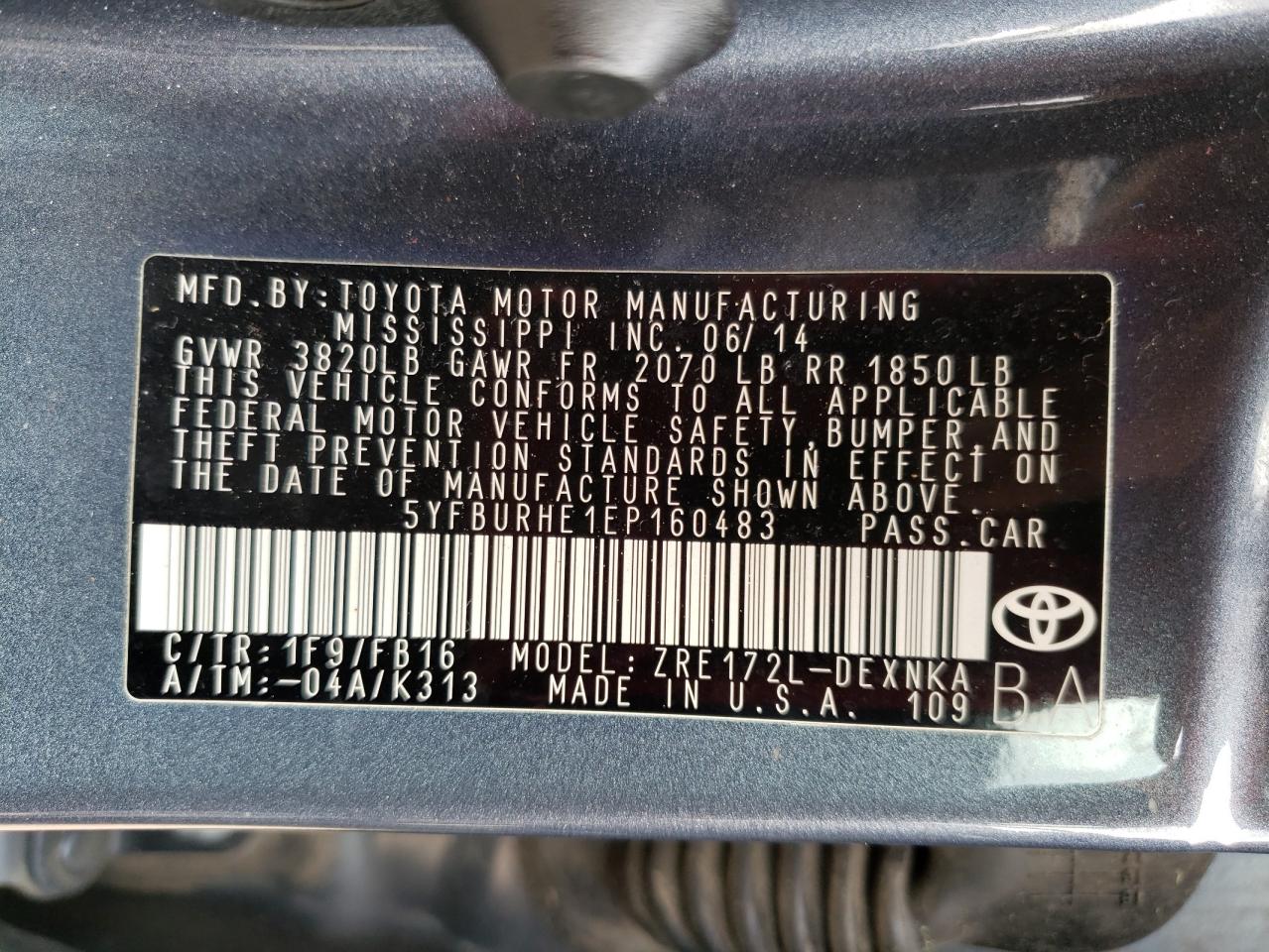 Photo 10 from auction – 2014 TOYOTA COROLLA L with VIN 5YFBURHE1EP160483