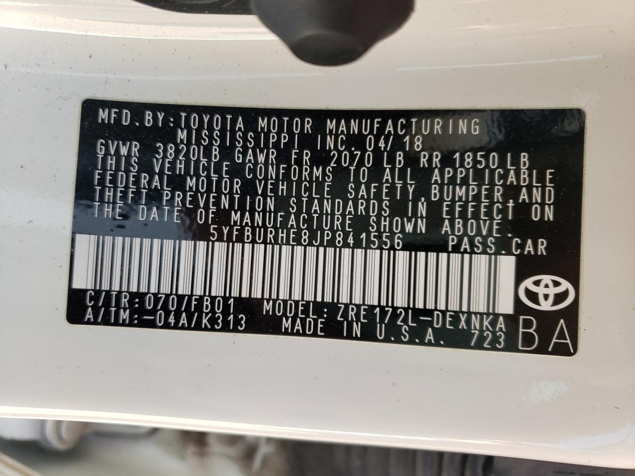 Photo 10 from auction – 2018 TOYOTA COROLLA L with VIN 5YFBURHE8JP841556