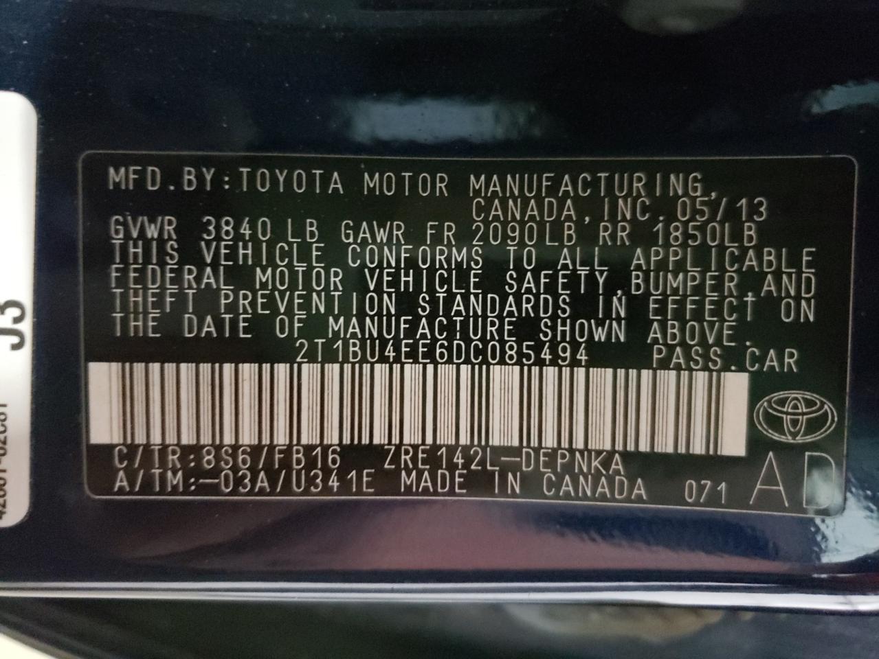 Photo 10 from auction – 2013 TOYOTA COROLLA BA with VIN 2T1BU4EE6DC085494