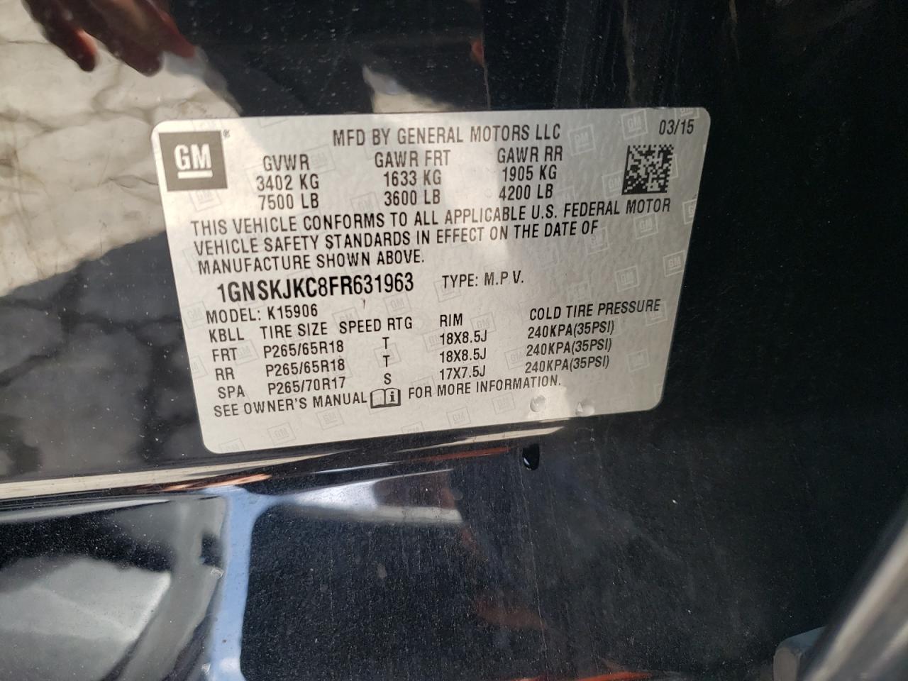 Photo 10 from auction – 2015 CHEVROLET SUBURBAN K with VIN 1GNSKJKC8FR631963