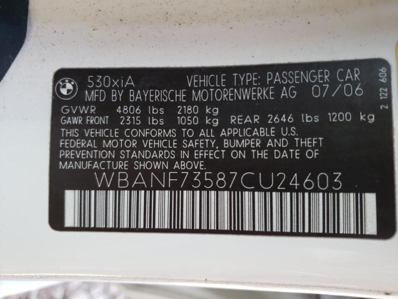 Photo 10 from auction – 2007 BMW 530 XI with VIN WBANF73587CU24603