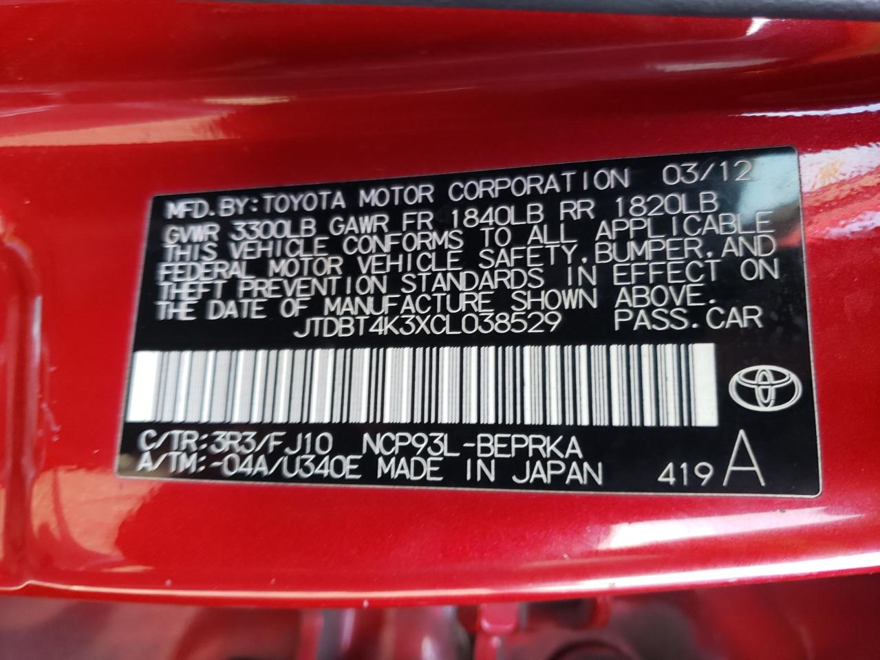 Photo 10 from auction – 2012 TOYOTA YARIS with VIN JTDBT4K3XCL038529