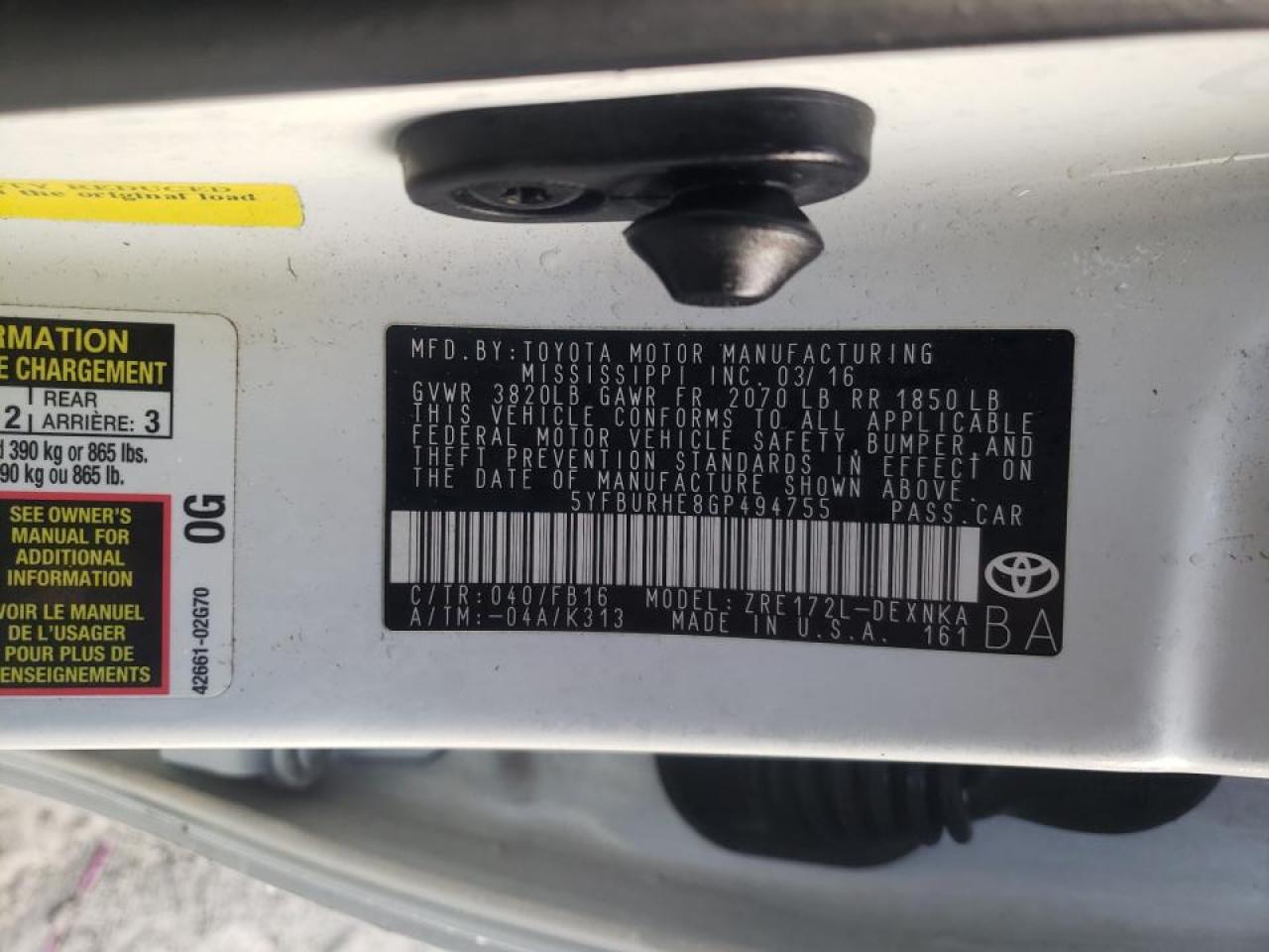 Photo 10 from auction – 2016 TOYOTA COROLLA L with VIN 5YFBURHE8GP494755