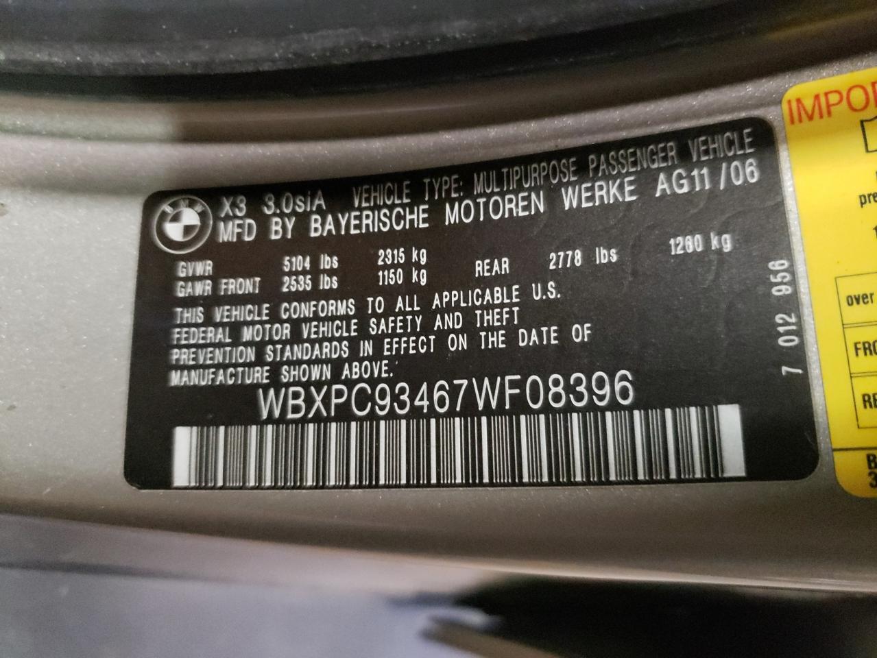 Zdjęcie 10 z aukcji – 2007 BMW X3 3.0SI z VIN WBXPC93467WF08396