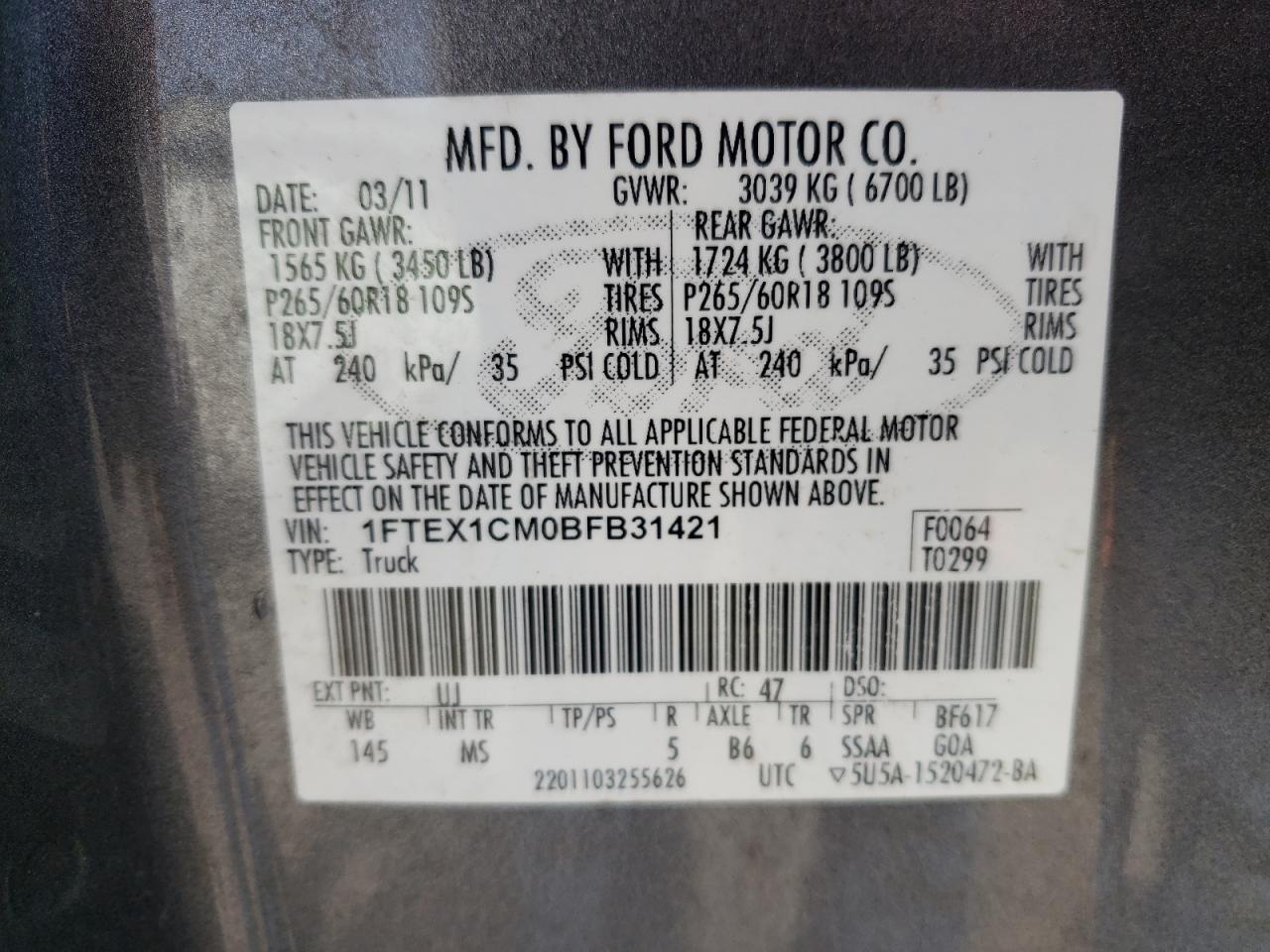 Photo 10 from auction – 2011 FORD F150 SUPER with VIN 1FTEX1CM0BFB31421
