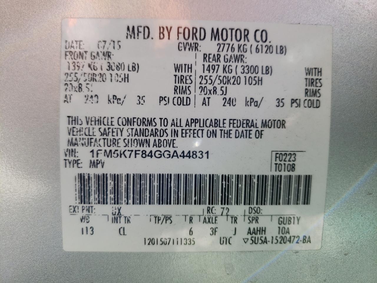 Photo 10 from auction – 2016 FORD EXPLORER L with VIN 1FM5K7F84GGA44831
