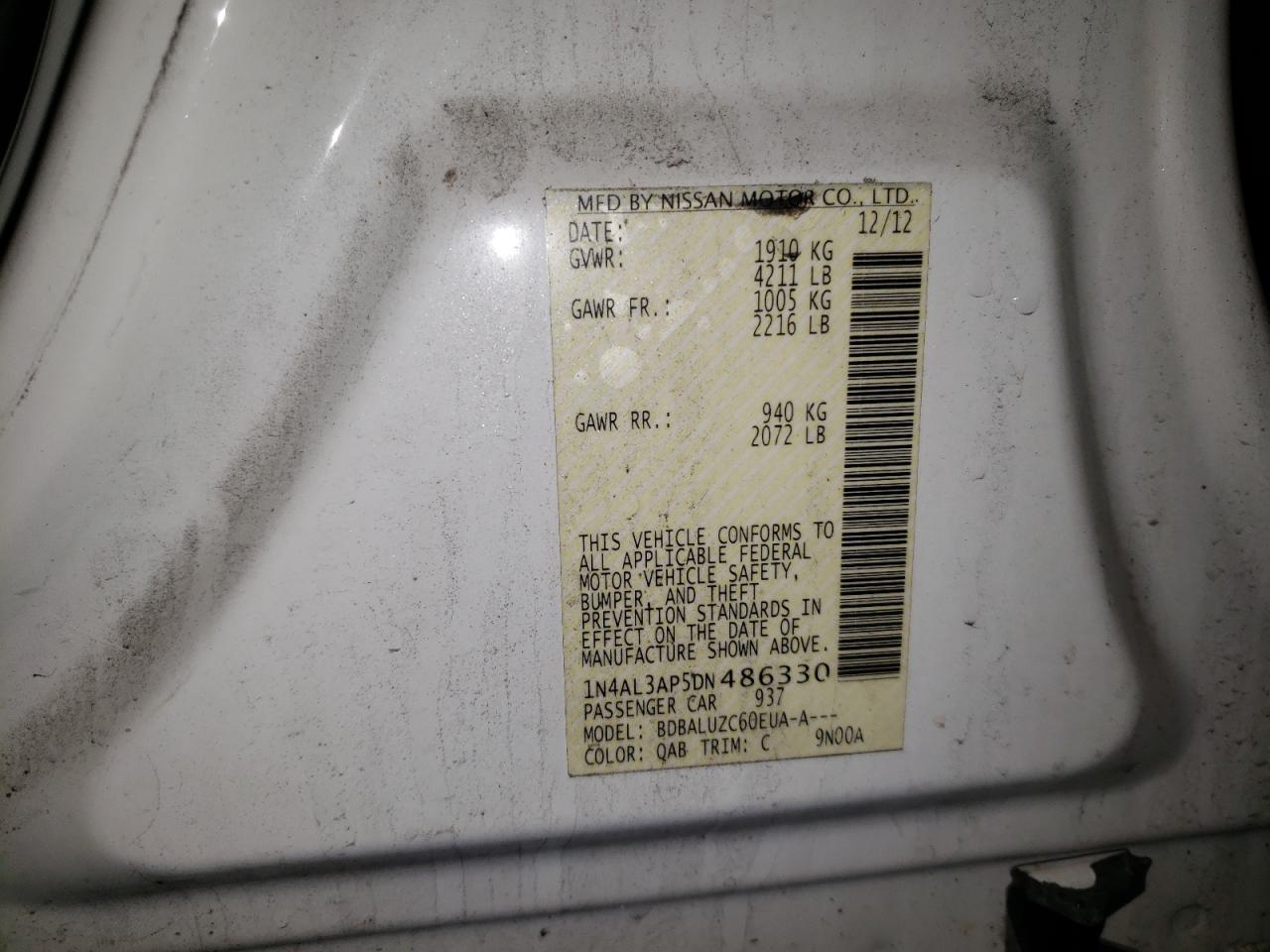 Photo 10 from auction – 2013 NISSAN ALTIMA 2.5 with VIN 1N4AL3AP5DN486330