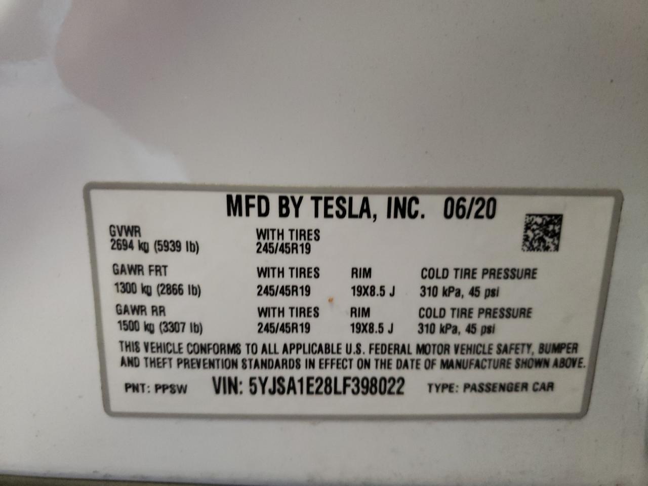 Photo 10 from auction – 2020 TESLA MODEL S with VIN 5YJSA1E28LF398022