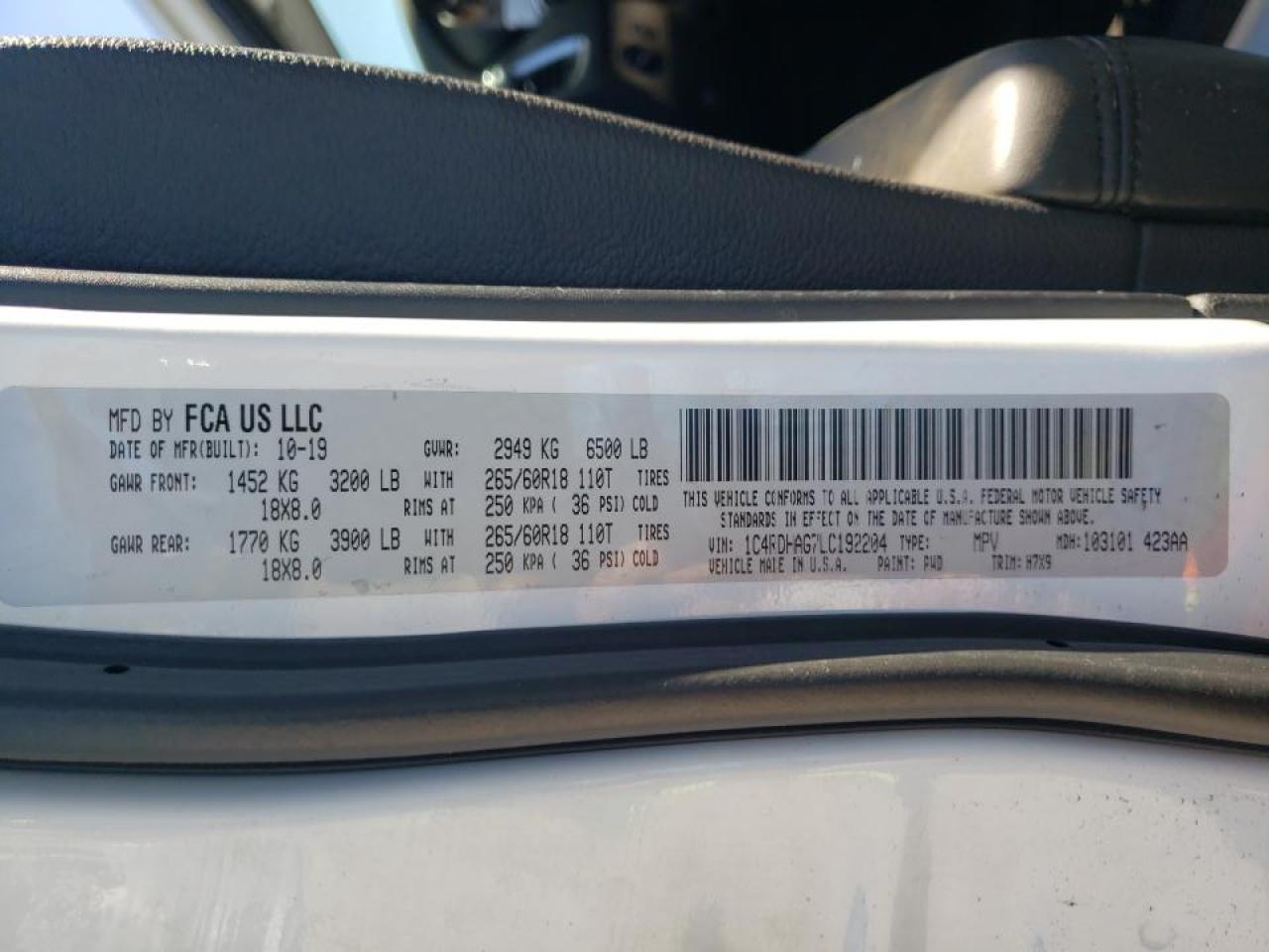 Photo 10 from auction – 2020 DODGE DURANGO SX with VIN 1C4RDHAG7LC192204