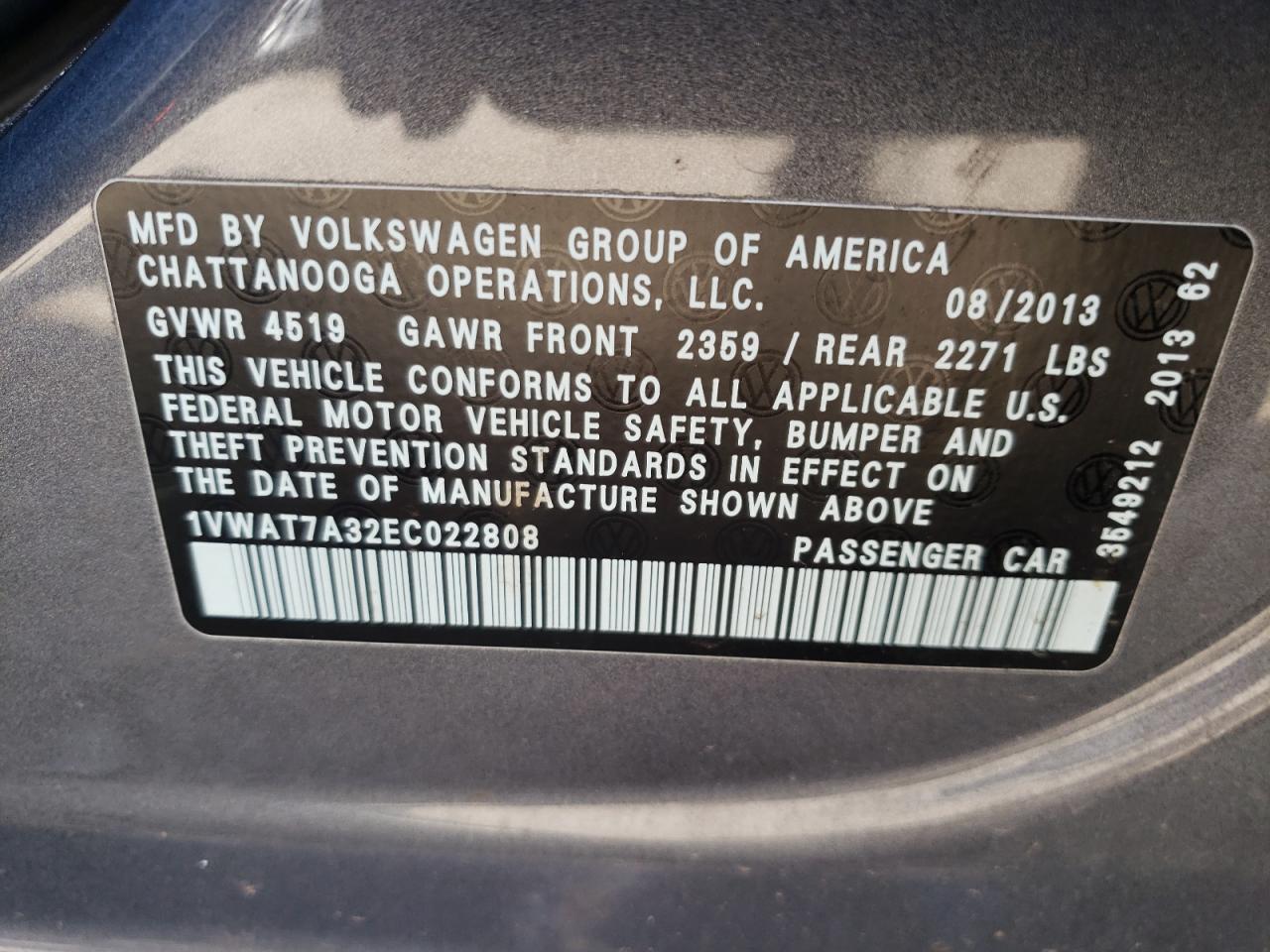 Photo 10 from auction – 2014 VOLKSWAGEN PASSAT S with VIN 1VWAT7A32EC022808