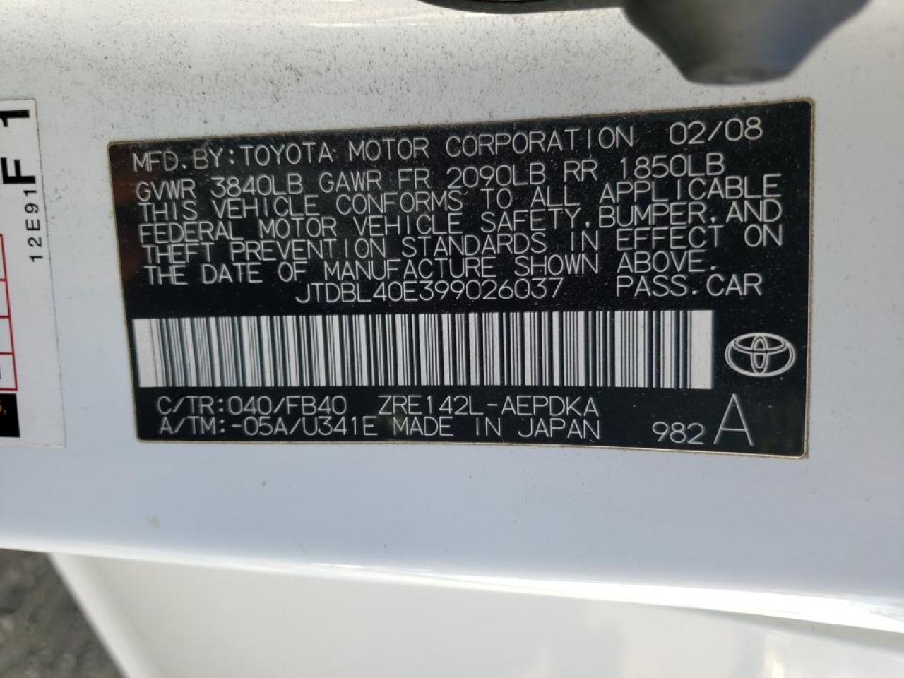 Photo 10 from auction – 2009 TOYOTA COROLLA BA with VIN JTDBL40E399026037