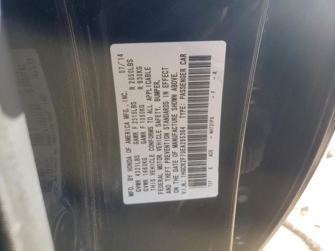 Photo 10 from auction – 2014 HONDA ACCORD EX with VIN 1HGCR2F70EA295364