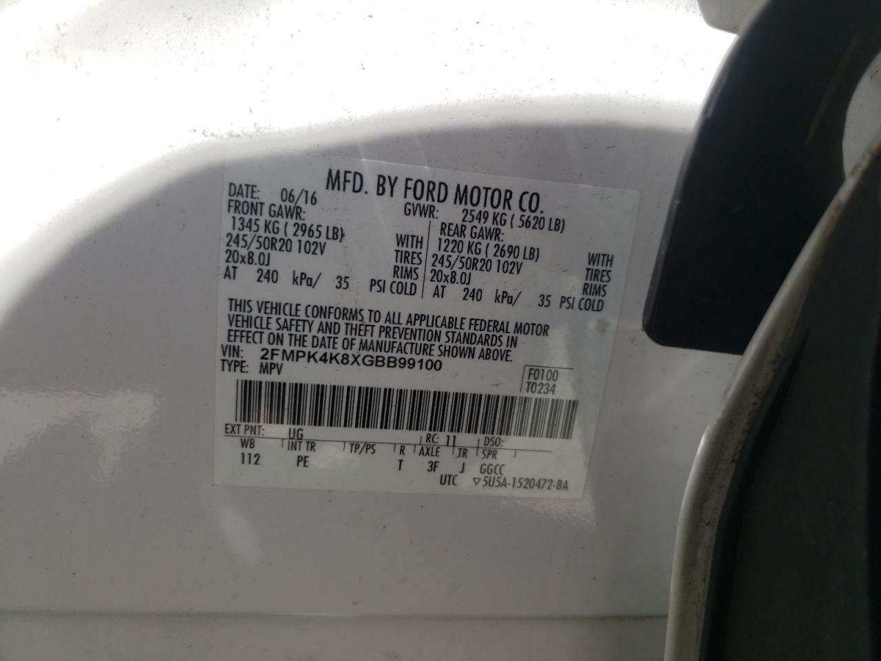 Photo 10 from auction – 2016 FORD EDGE TITAN with VIN 2FMPK4K8XGBB99100