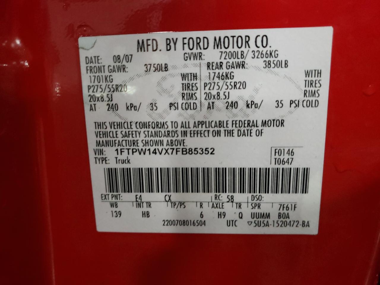 Photo 10 from auction – 2007 FORD F150 SUPER with VIN 1FTPW14VX7FB85352