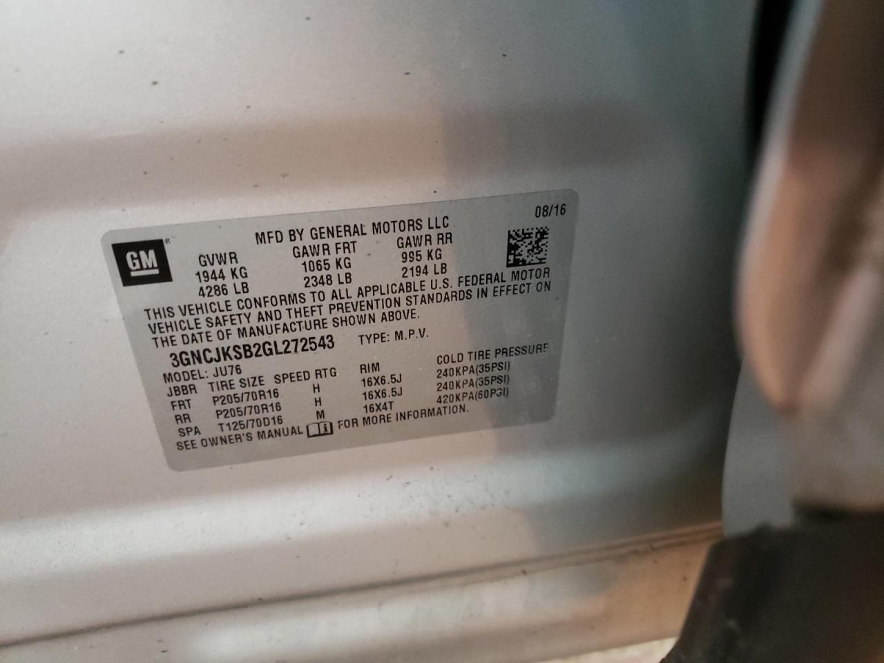 Photo 10 from auction – 2016 CHEVROLET TRAX LS with VIN 3GNCJKSB2GL272543